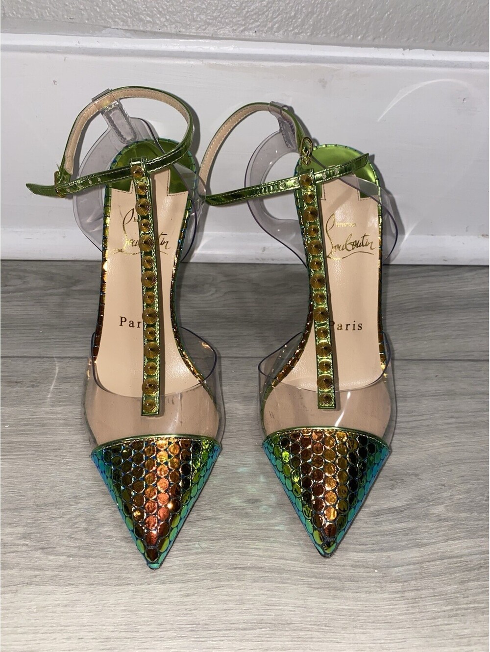 Christian Louboutin Nosy Spikes Holographic Animal Print heels T -Strap EU35.5 - Picture 2 of 9